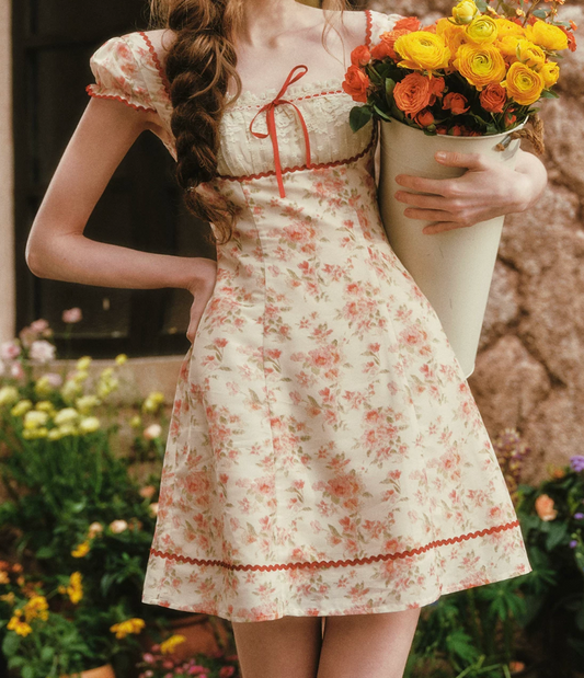 Cute Short Sleeve Lace Homecoming Dress Square Neck Floral A-Line Birthday Dress C8448