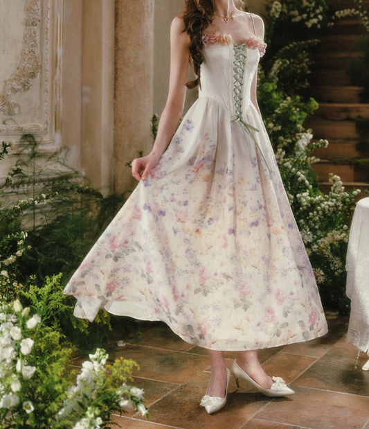Graceful Spagheeti Straps Floral Prom Dress 3D Appliques A-Line Formal Dress C8450