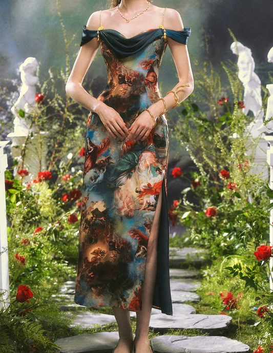 Chic Off-The-Shoulder Prom Dress Floral Slit Sheath Formal Dress C8452