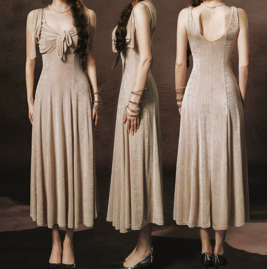 Vintage V Neck Beige Prom Dress A-Line Formal Dress C8453