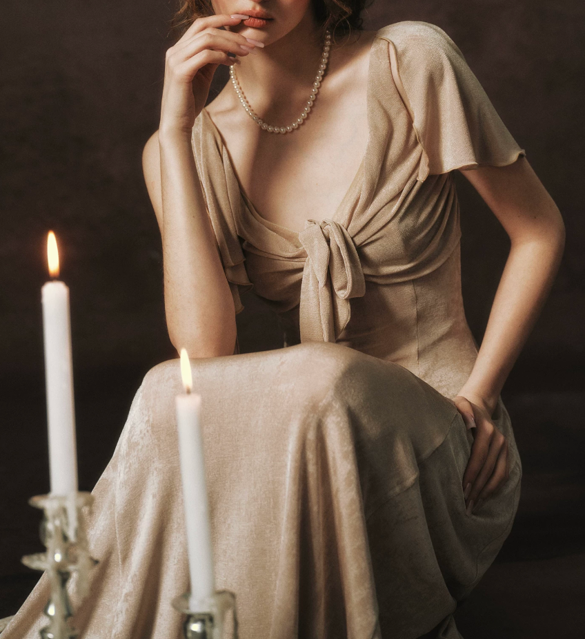 Vintage V Neck Beige Prom Dress A-Line Formal Dress C8453