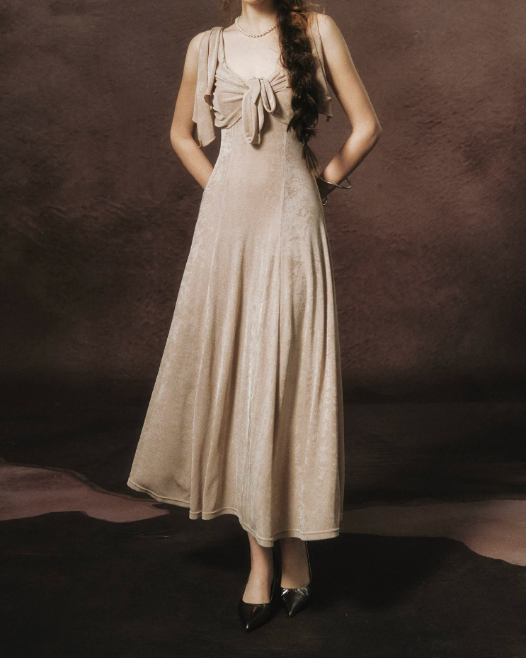 Vintage V Neck Beige Prom Dress A-Line Formal Dress C8453