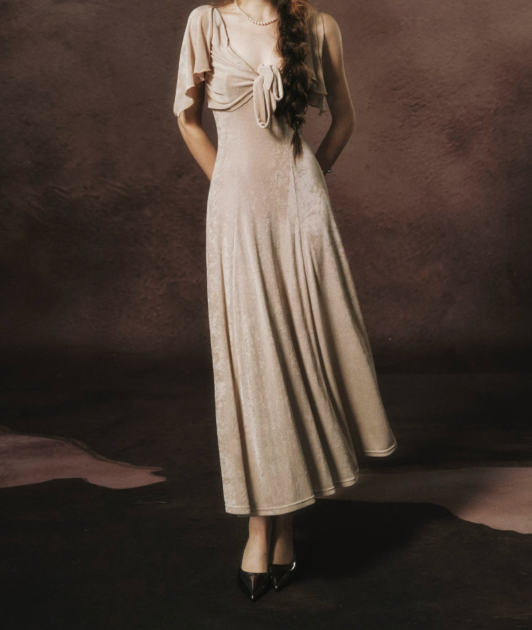 Vintage V Neck Beige Prom Dress A-Line Formal Dress C8453