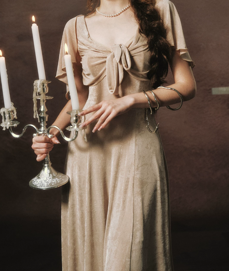 Vintage V Neck Beige Prom Dress A-Line Formal Dress C8453