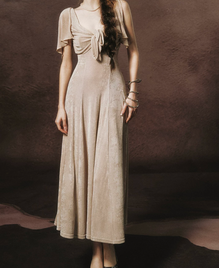 Vintage V Neck Beige Prom Dress A-Line Formal Dress C8453