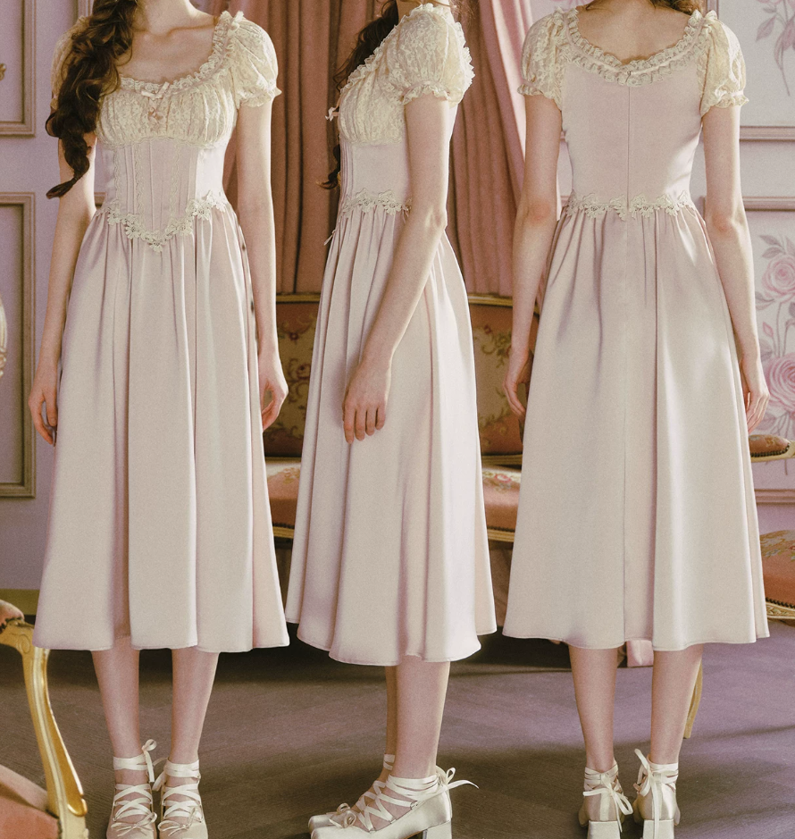 Classical Short Sleeve Pastel Purple Prom Dress Lace A-Line Formal Dress C8455