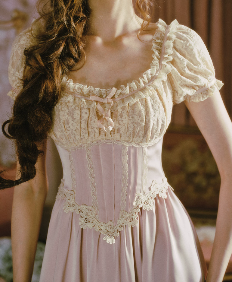 Classical Short Sleeve Pastel Purple Prom Dress Lace A-Line Formal Dress C8455