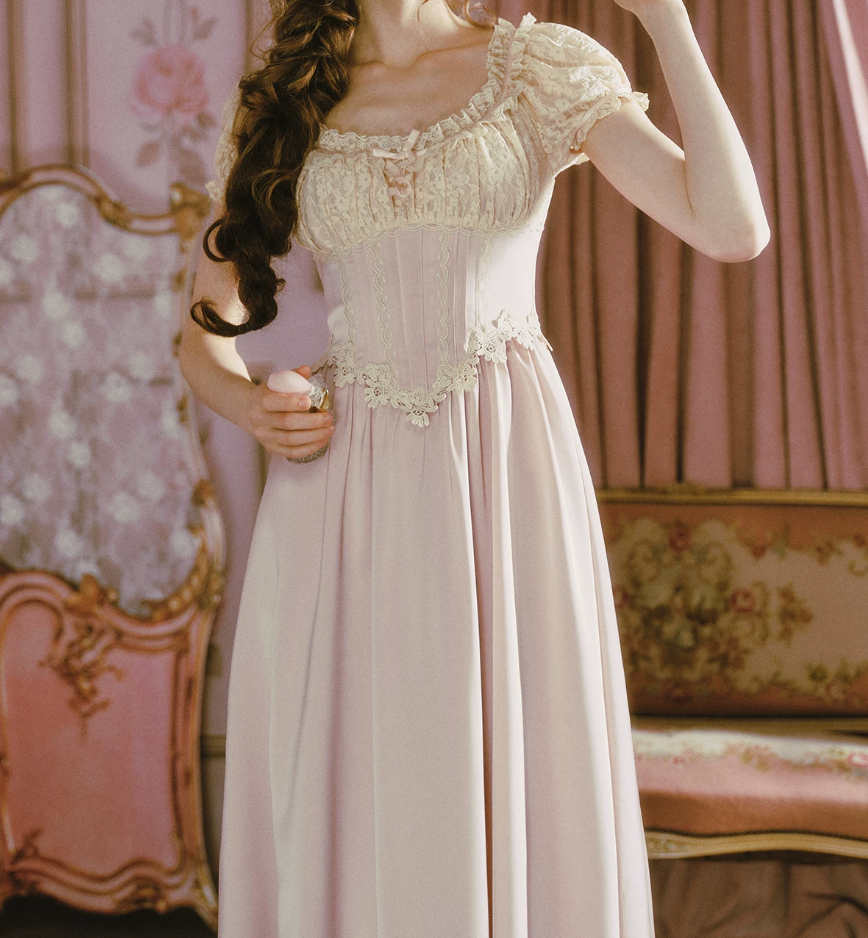Classical Short Sleeve Pastel Purple Prom Dress Lace A-Line Formal Dress C8455