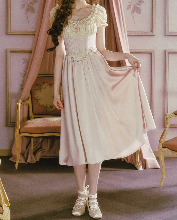 Classical Short Sleeve Pastel Purple Prom Dress Lace A-Line Formal Dress C8455