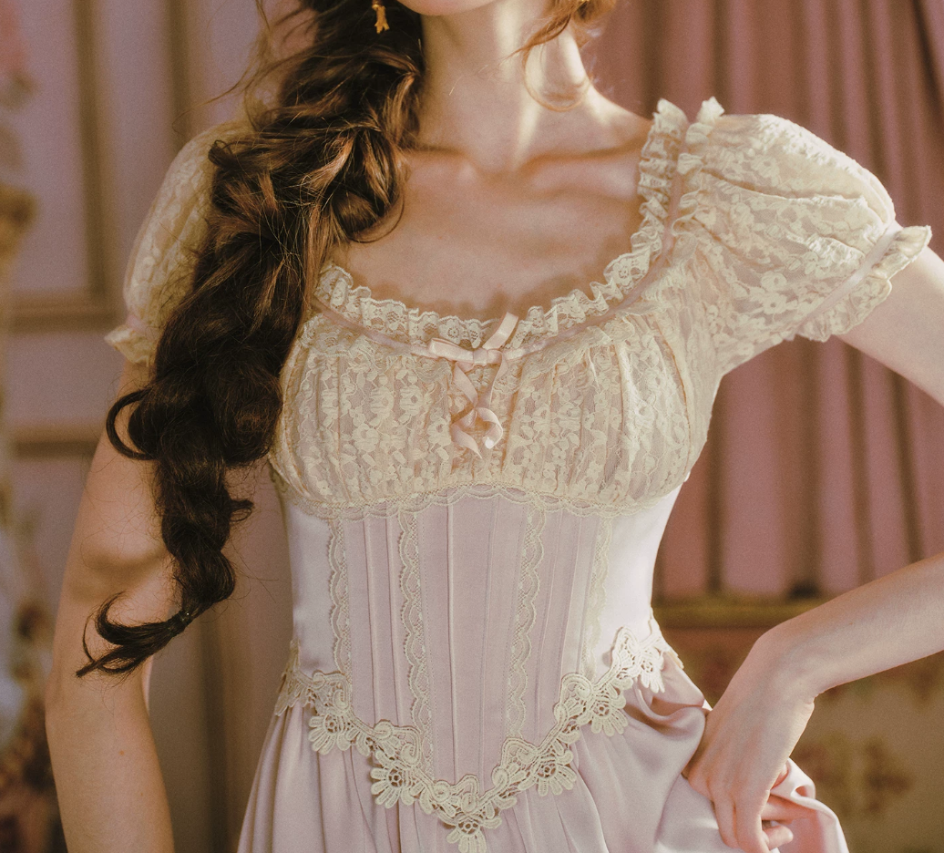 Classical Short Sleeve Pastel Purple Prom Dress Lace A-Line Formal Dress C8455