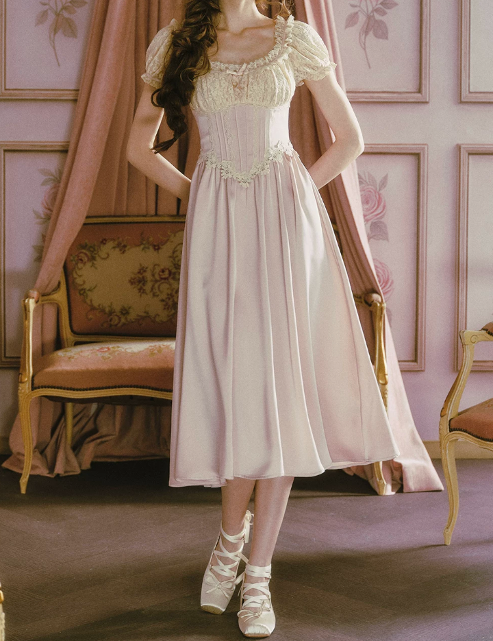 Classical Short Sleeve Pastel Purple Prom Dress Lace A-Line Formal Dress C8455