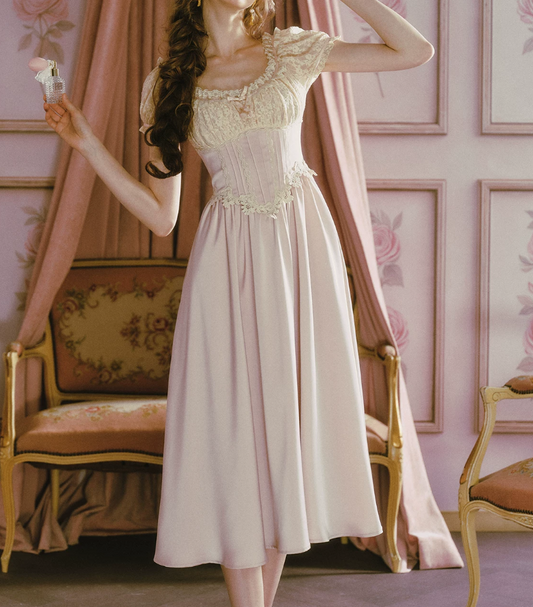 Classical Short Sleeve Pastel Purple Prom Dress Lace A-Line Formal Dress C8455