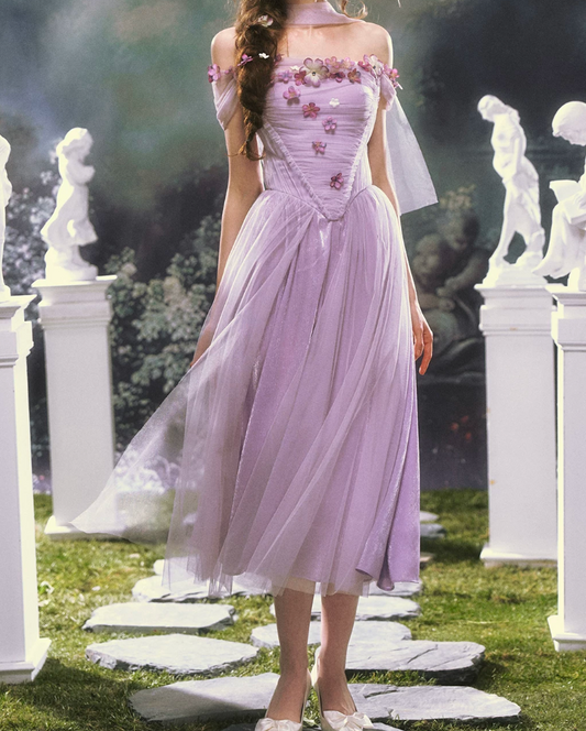 Graceful Off-the-Shoulder Purple Prom Dress Appliques Tulle A-Line Evening Dress C8456