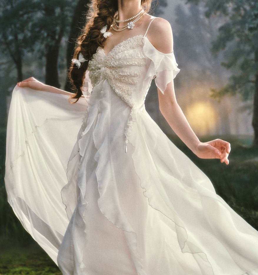 Romantic Off-the-Shoulder Ivory Prom Dress Ruffles A-Line Evening Dress C8457