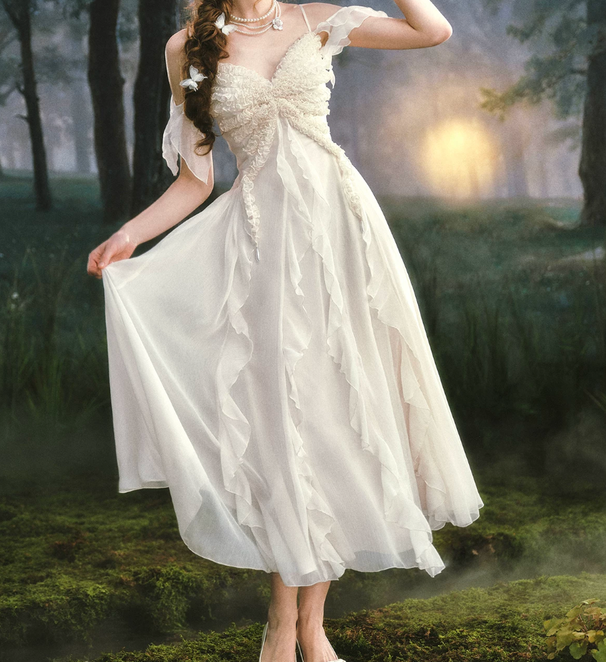 Romantic Off-the-Shoulder Ivory Prom Dress Ruffles A-Line Evening Dress C8457