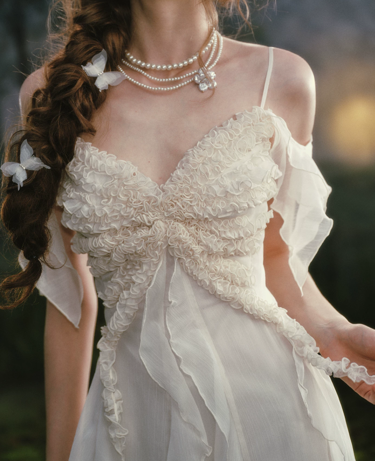 Romantic Off-the-Shoulder Ivory Prom Dress Ruffles A-Line Evening Dress C8457
