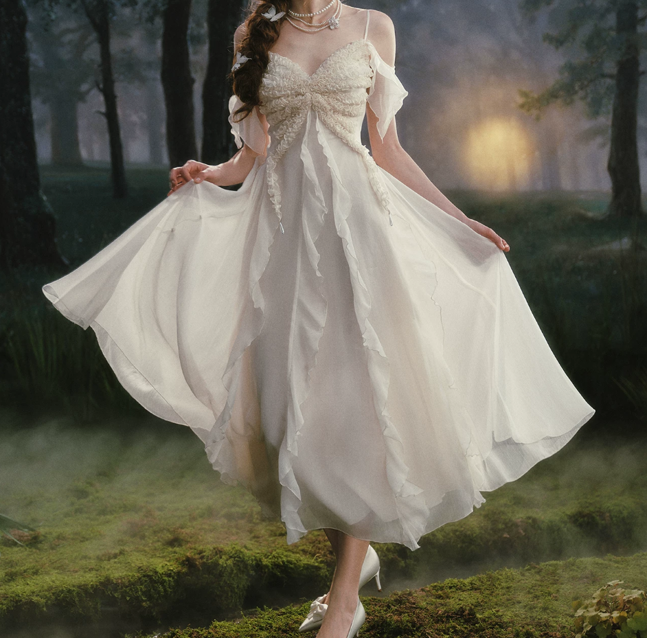 Romantic Off-the-Shoulder Ivory Prom Dress Ruffles A-Line Evening Dress C8457