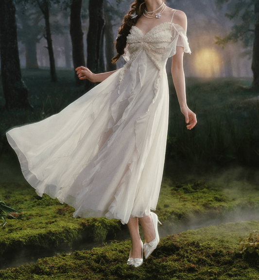 Romantic Off-the-Shoulder Ivory Prom Dress Ruffles A-Line Evening Dress C8457
