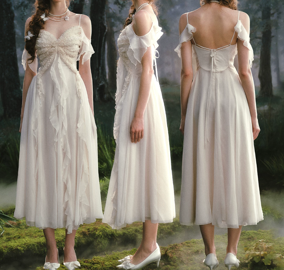 Romantic Off-the-Shoulder Ivory Prom Dress Ruffles A-Line Evening Dress C8457