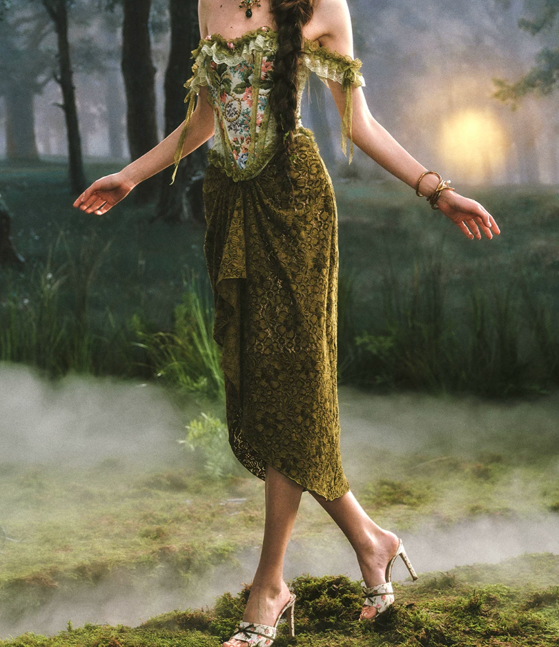 Ornate Off-the-Shoulder Green Prom Dress Floral Lace Sheath Evening Dress C8458