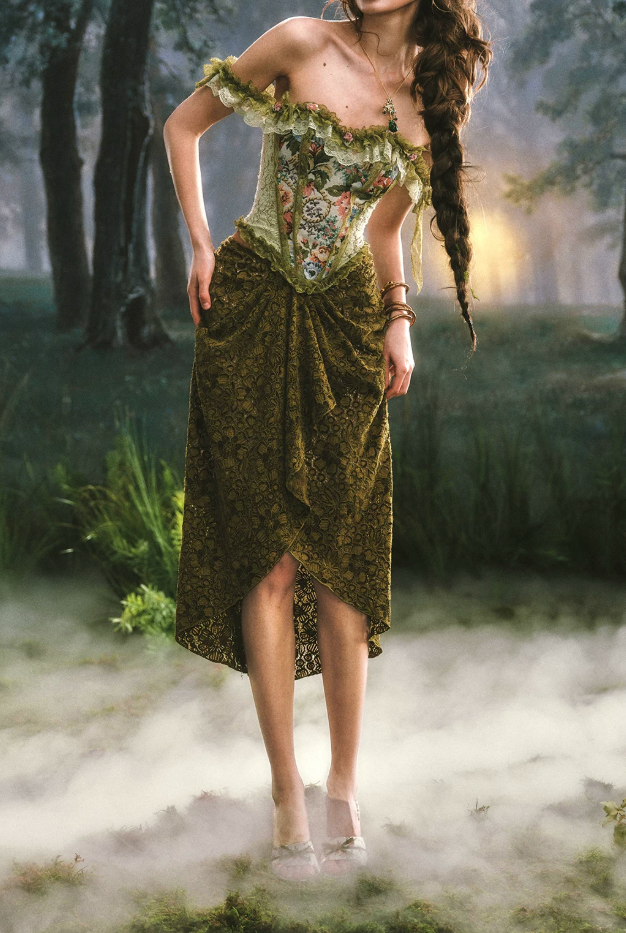 Ornate Off-the-Shoulder Green Prom Dress Floral Lace Sheath Evening Dress C8458