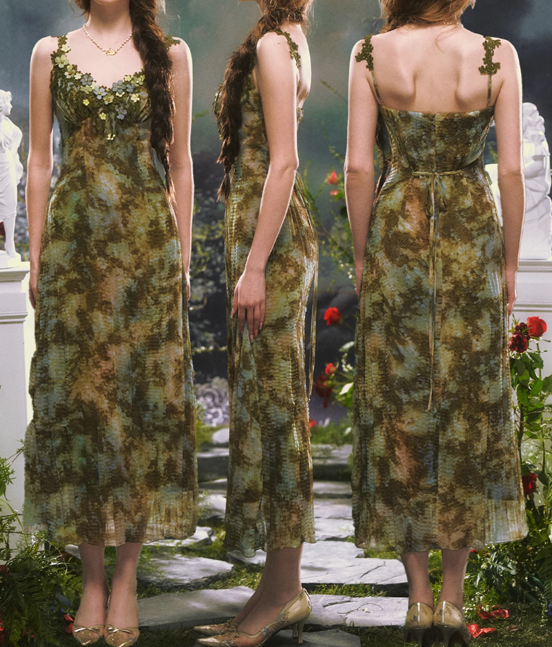 Flowy Spagheeti Straps Green Prom Dress Tie-Dye Appliques A-Line Formal Dress C8461