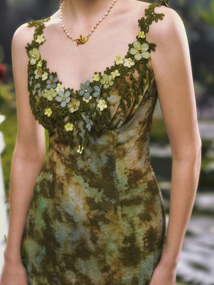 Flowy Spagheeti Straps Green Prom Dress Tie-Dye Appliques A-Line Formal Dress C8461