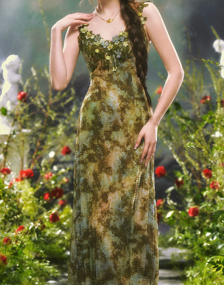 Flowy Spagheeti Straps Green Prom Dress Tie-Dye Appliques A-Line Formal Dress C8461