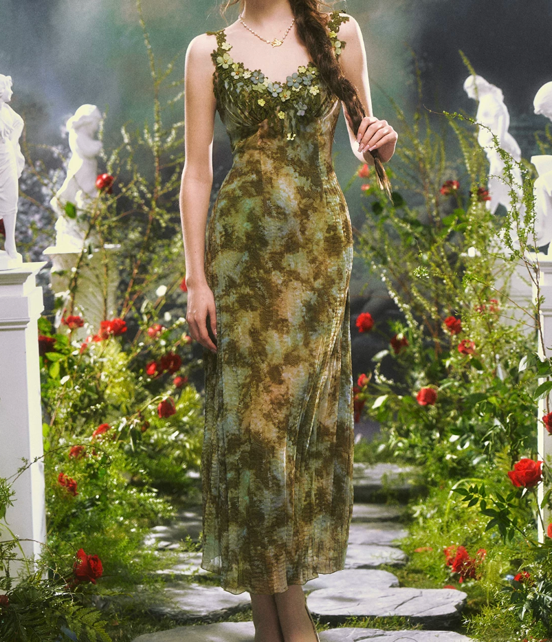 Flowy Spagheeti Straps Green Prom Dress Tie-Dye Appliques A-Line Formal Dress C8461