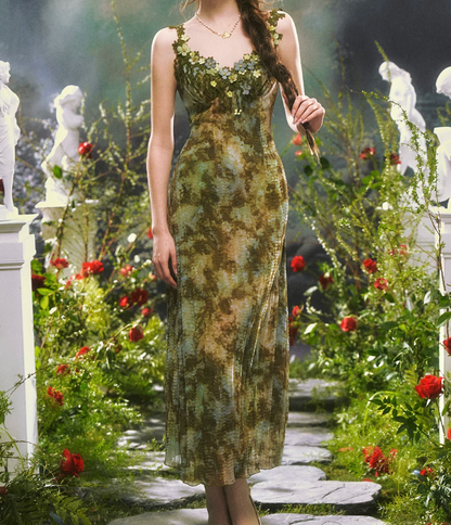 Flowy Spagheeti Straps Green Prom Dress Tie-Dye Appliques A-Line Formal Dress C8461