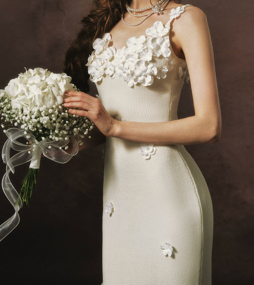 Elegant Spaghetti Straps White Prom Dress Appliques Sheath Evening Dress C8464
