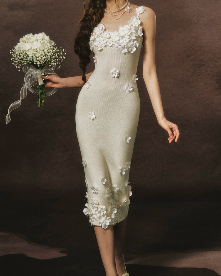 Elegant Spaghetti Straps White Prom Dress Appliques Sheath Evening Dress C8464