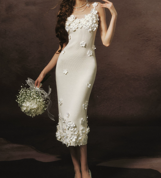 Elegant Spaghetti Straps White Prom Dress Appliques Sheath Evening Dress C8464