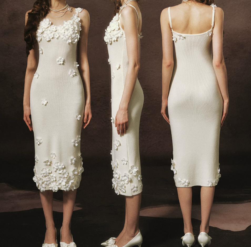 Elegant Spaghetti Straps White Prom Dress Appliques Sheath Evening Dress C8464