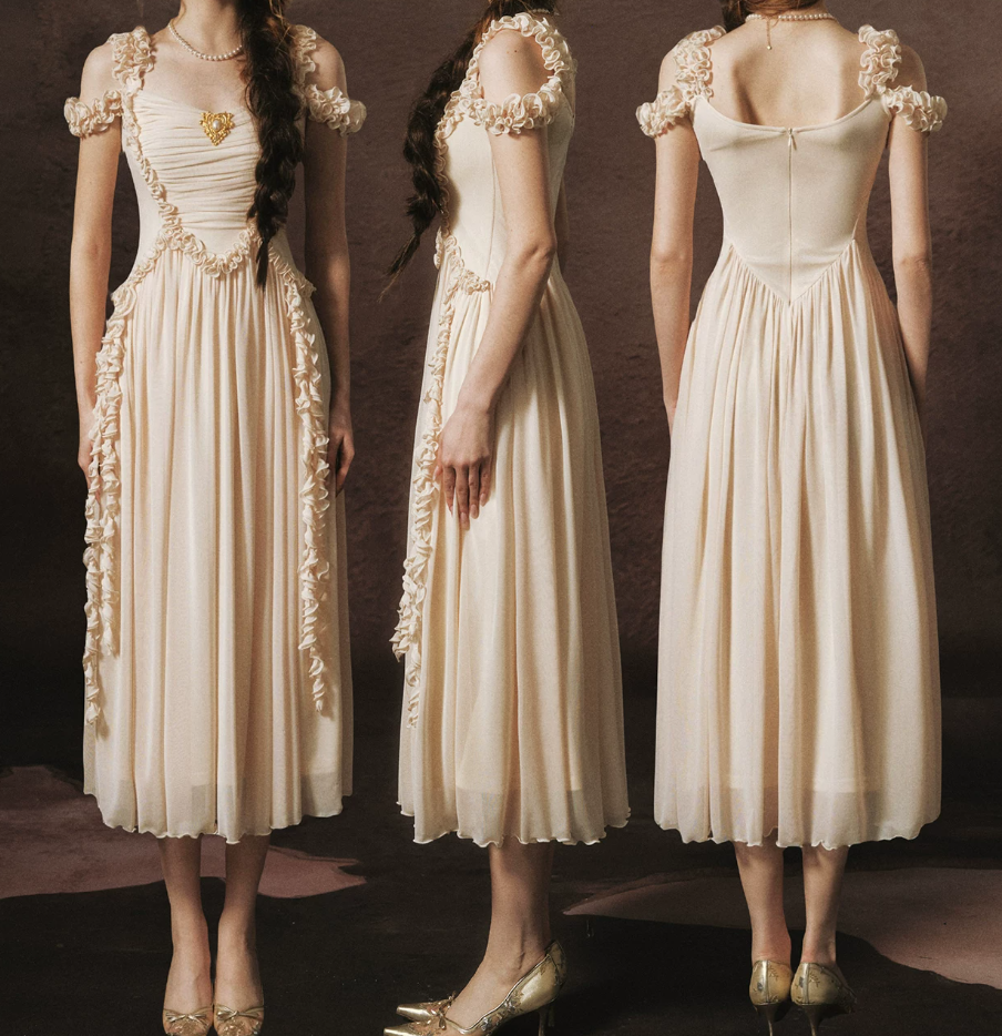 Trendy Off-the-Shoulder Beige Prom Dress Chiffon Ruffles A-Line Evening Dress C8465