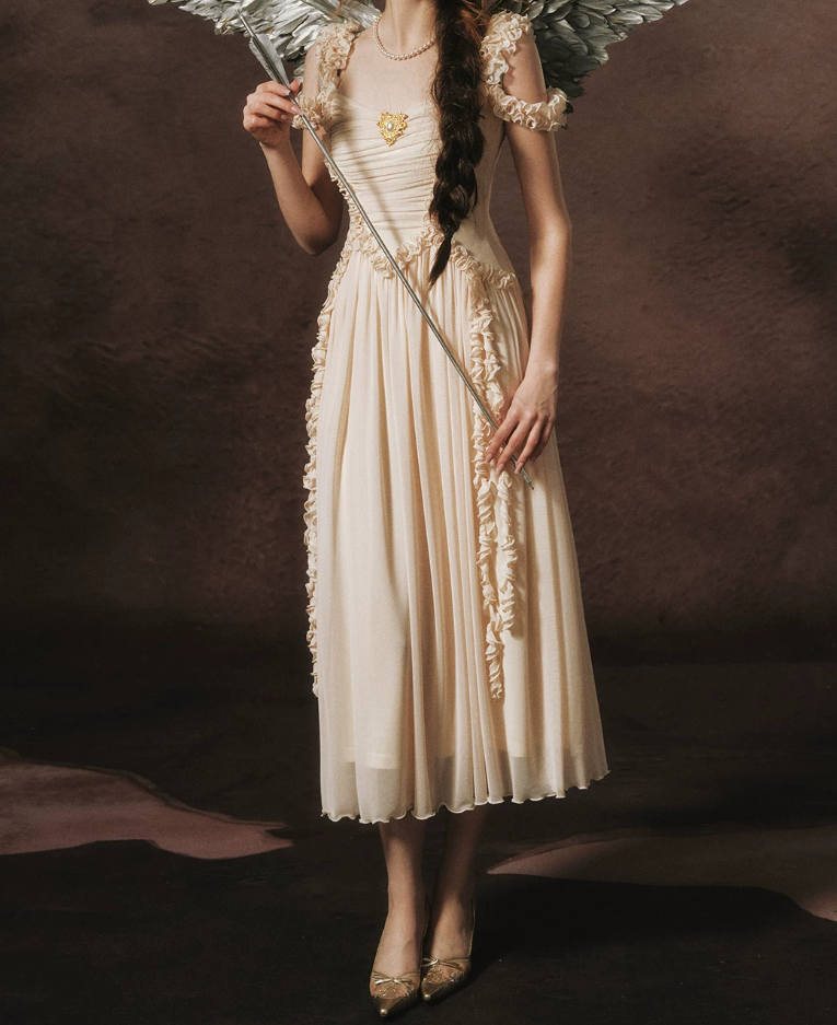 Trendy Off-the-Shoulder Beige Prom Dress Chiffon Ruffles A-Line Evening Dress C8465