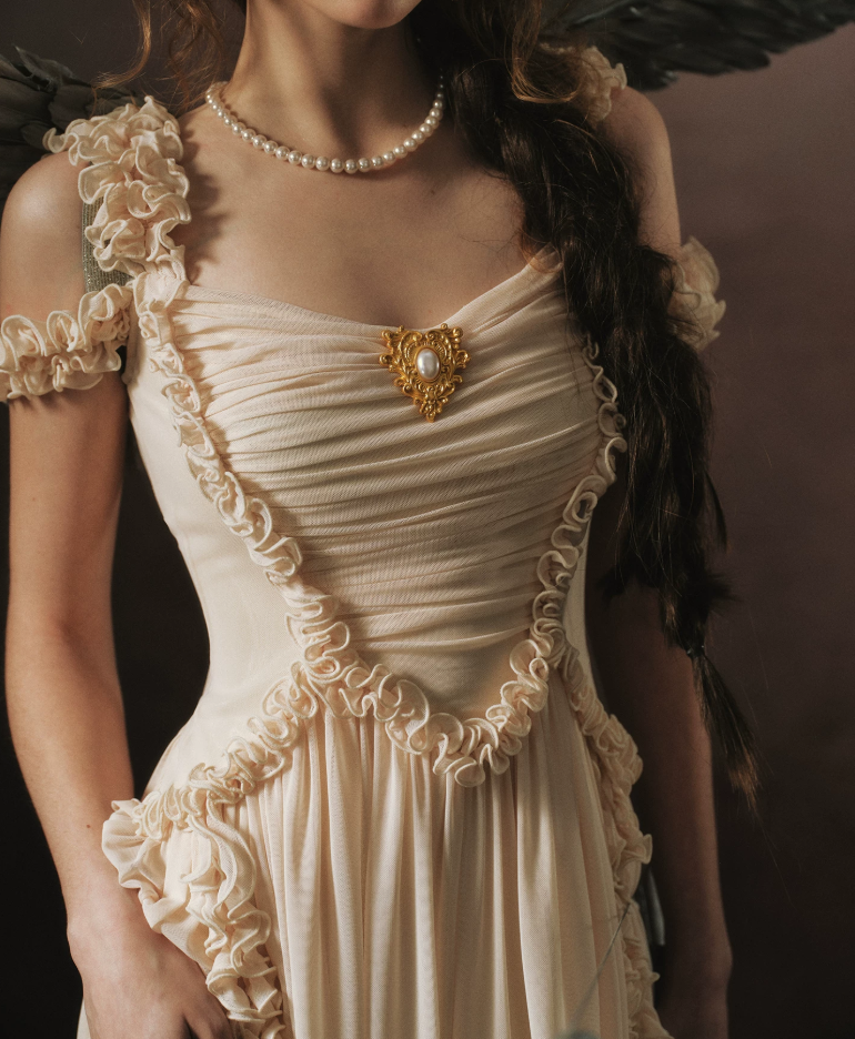 Trendy Off-the-Shoulder Beige Prom Dress Chiffon Ruffles A-Line Evening Dress C8465