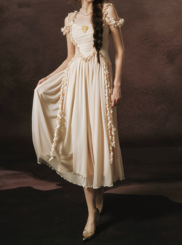 Trendy Off-the-Shoulder Beige Prom Dress Chiffon Ruffles A-Line Evening Dress C8465