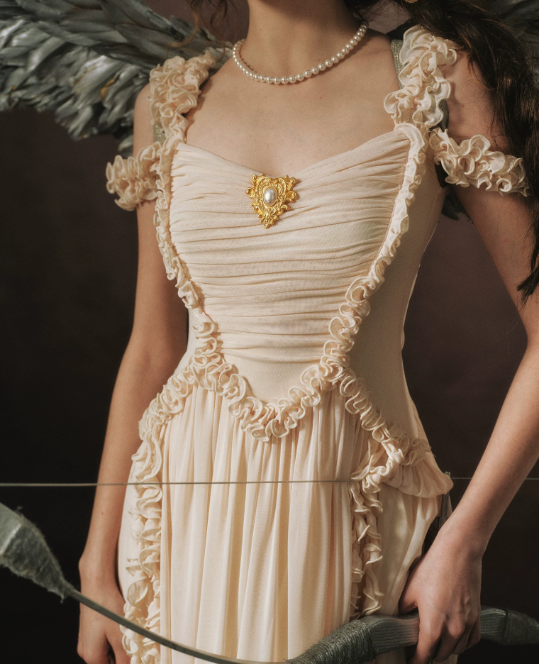 Trendy Off-the-Shoulder Beige Prom Dress Chiffon Ruffles A-Line Evening Dress C8465