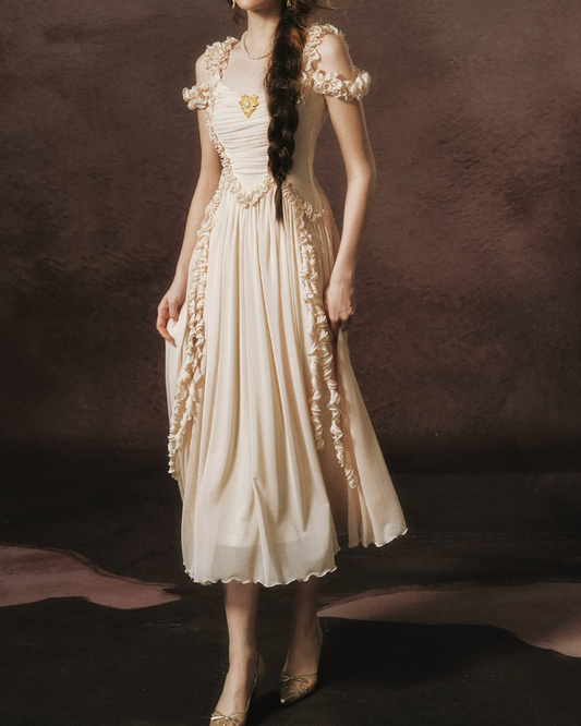 Trendy Off-the-Shoulder Beige Prom Dress Chiffon Ruffles A-Line Evening Dress C8465