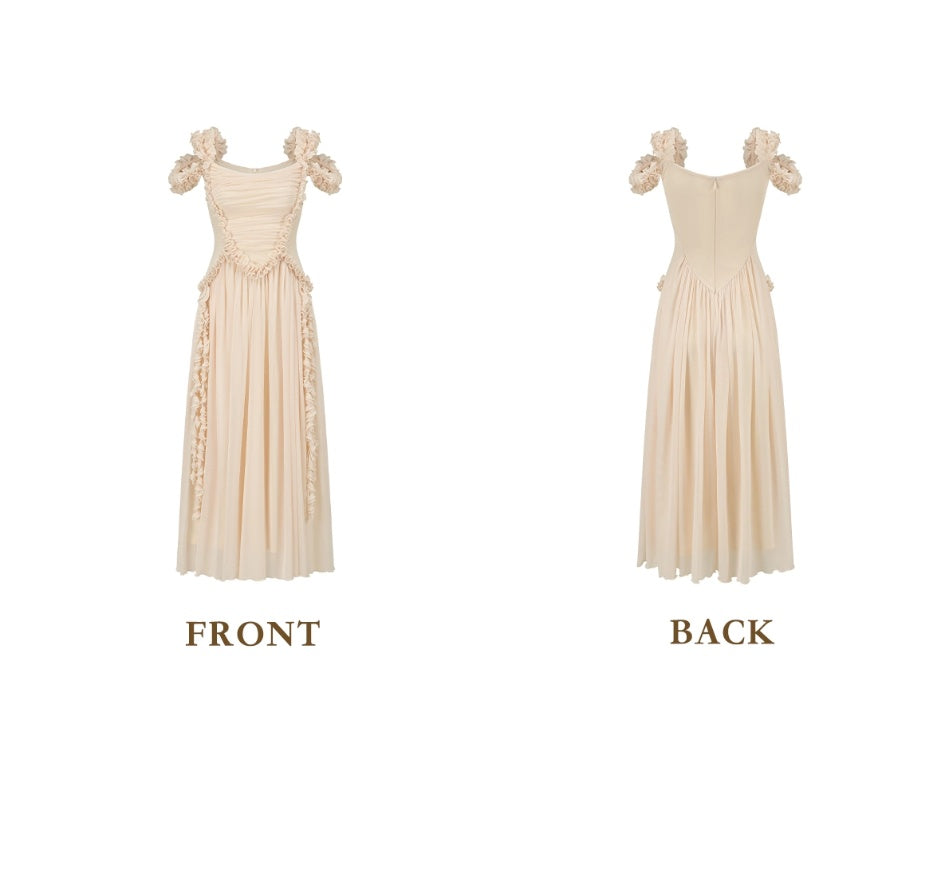 Trendy Off-the-Shoulder Beige Prom Dress Chiffon Ruffles A-Line Evening Dress C8465