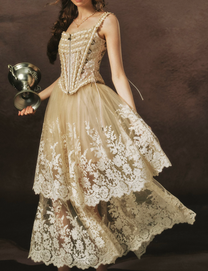Chic Spaghetti Straps Beige Prom Dress Lace Tulle A-Line Evening Dress C8466