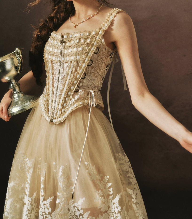 Chic Spaghetti Straps Beige Prom Dress Lace Tulle A-Line Evening Dress C8466