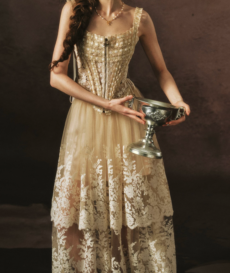 Chic Spaghetti Straps Beige Prom Dress Lace Tulle A-Line Evening Dress C8466