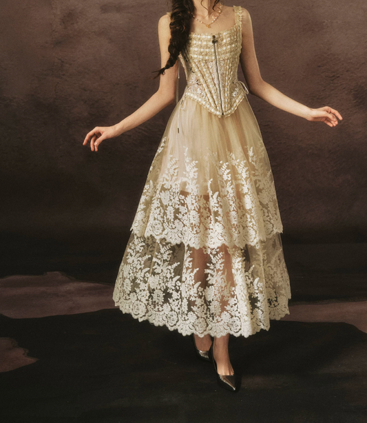 Chic Spaghetti Straps Beige Prom Dress Lace Tulle A-Line Evening Dress C8466