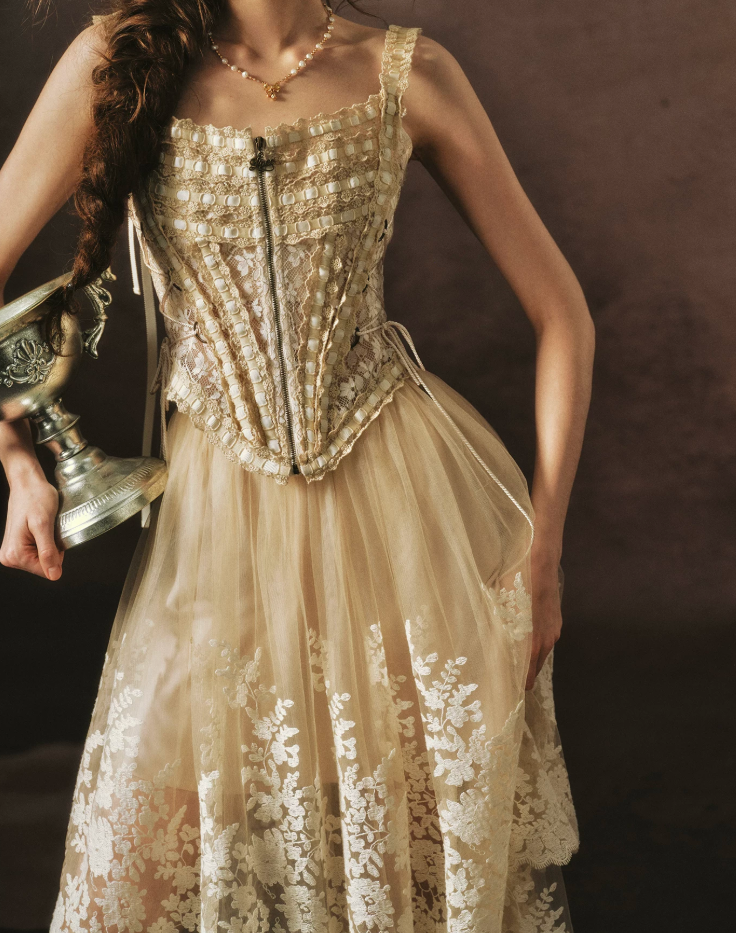 Chic Spaghetti Straps Beige Prom Dress Lace Tulle A-Line Evening Dress C8466