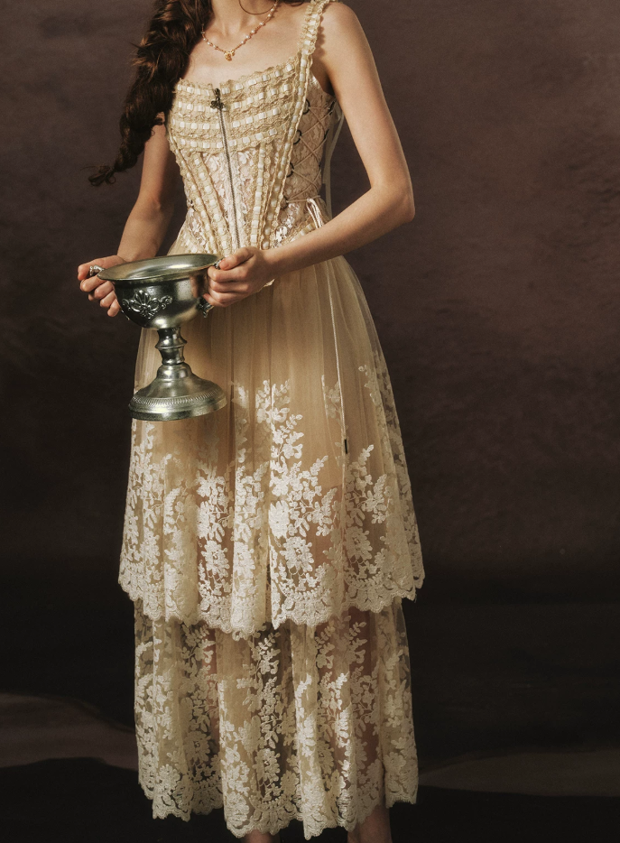 Chic Spaghetti Straps Beige Prom Dress Lace Tulle A-Line Evening Dress C8466