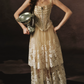 Chic Spaghetti Straps Beige Prom Dress Lace Tulle A-Line Evening Dress C8466