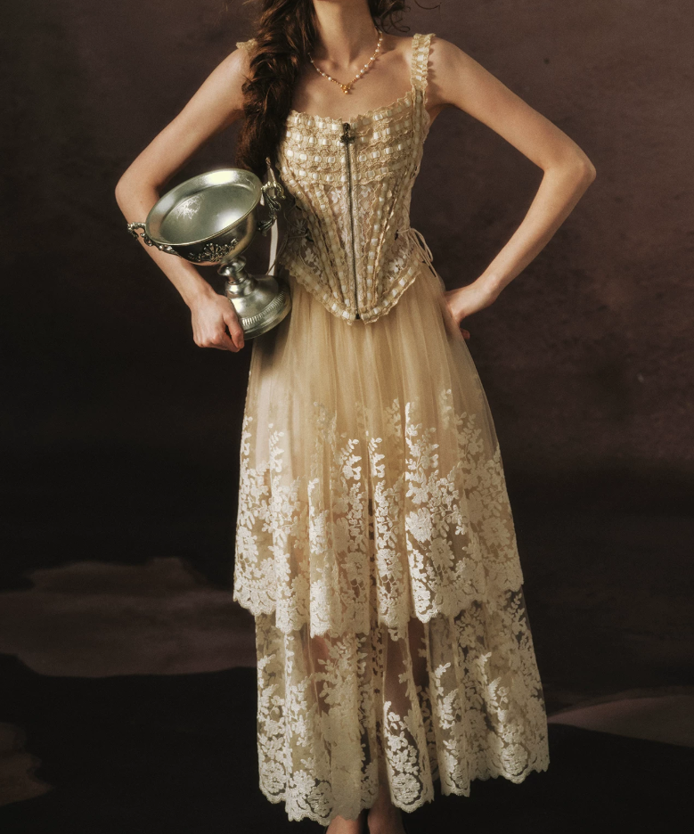 Chic Spaghetti Straps Beige Prom Dress Lace Tulle A-Line Evening Dress C8466