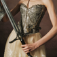 Unique Strapless Silver Bodice Prom Dress Beige Lace Tulle Tiered A-Line Evening Dress C8467